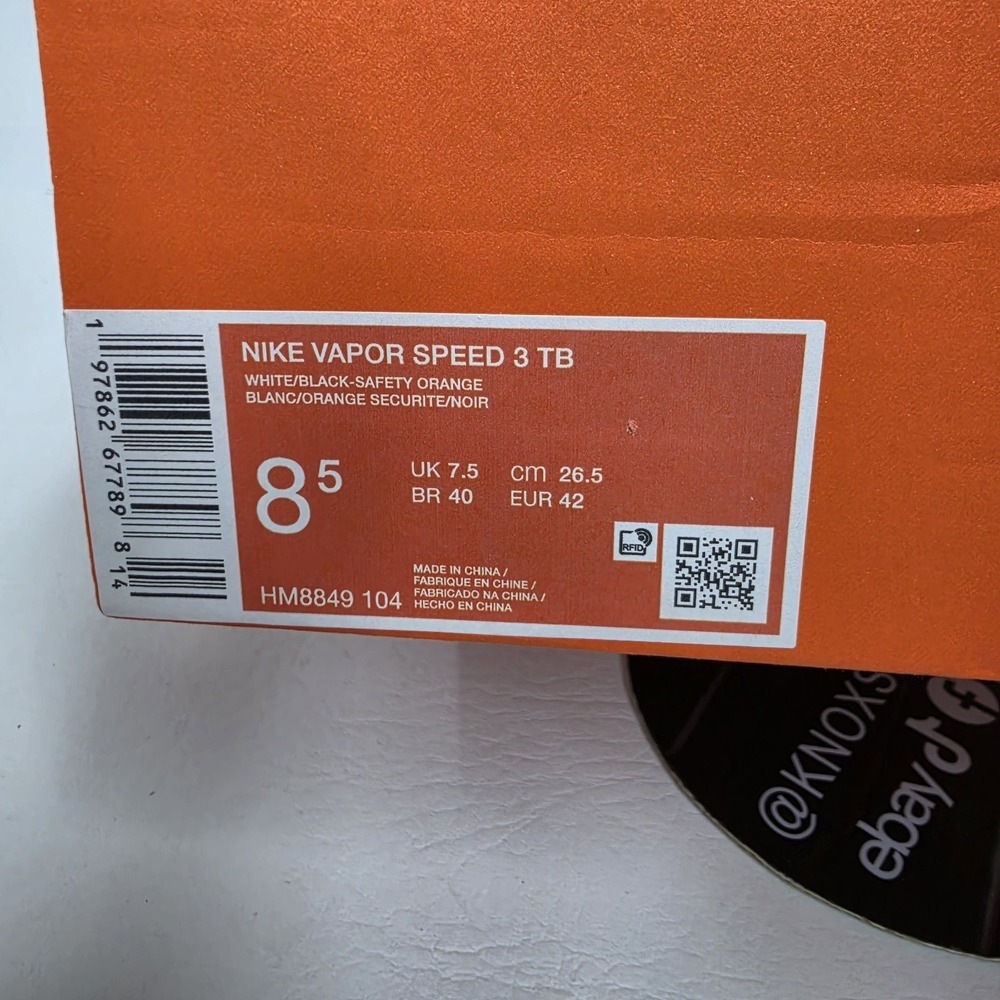 Nike Vapor Speed 3 TB White Orange Football Cleats HM8849-104 Men's Size 8.5 - Picture 7 of 7